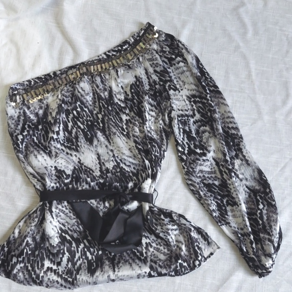 Bebe One Shoulder Blouse with Sequin Embroidery at Neckline